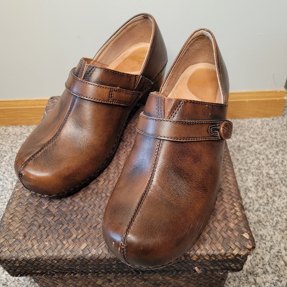 Dansko Brown Leather Women's Clogs with Strap Button